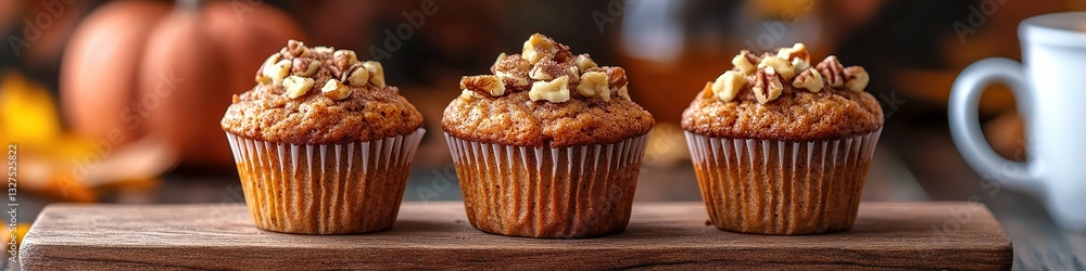 Pumpkin spice muffins topped with cinnamon and nuts, placed on wooden board, capturing warm autumn flavors and homemade coziness. Pumpkin spice muffins topped with cinnamon and nuts, placed on wooden board, capturing warm autumn flavors and homemade coziness.