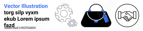 Handbag with tag, gear, and handshake symbol. Ideal for business, innovation, teamwork, fashion, retail, branding e-commerce flat landing page banner