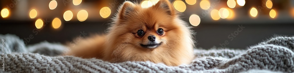 Fluffy Pomeranian dog resting on a soft knit blanket, surrounded by warm glowing lights, creating a cozy and peaceful atmosphere. Fluffy Pomeranian dog resting on a soft knit blanket, surrounded by warm glowing lights, creating a cozy and peaceful atmosphere.
