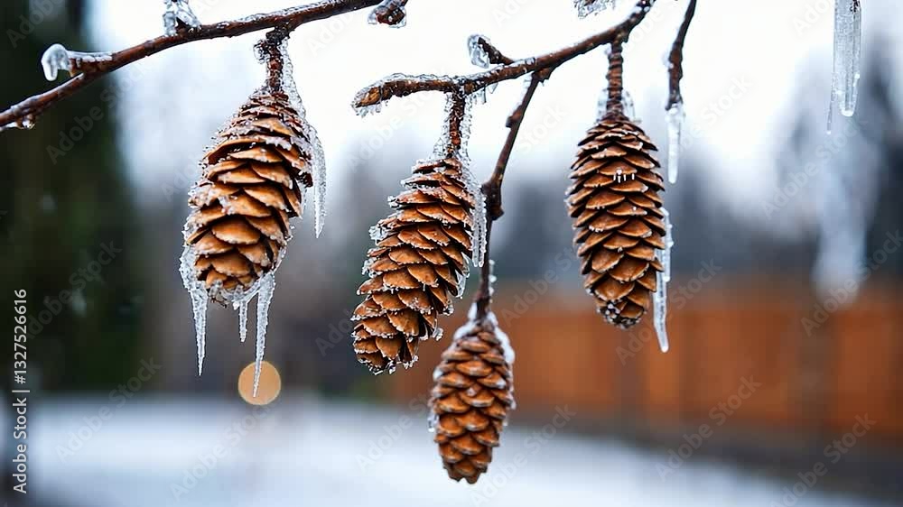 Icicles hanging from pine cones on a frosty branch, with a blurred winter landscape in the background Icicles hanging from pine cones on a frosty branch, with a blurred winter landscape in the background