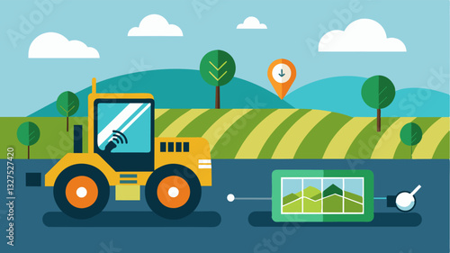 The smart tractors GPS navigation system allows it to create a detailed map of the field providing valuable data for future planting and maintenance.. Vector illustration