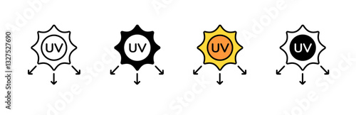 Four icons illustrate uv protection with sun shapes and arrows, emphasizing ultraviolet awareness.