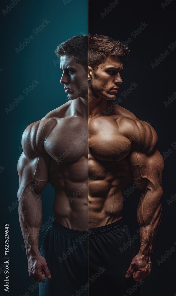 Obraz premium Body transformation of a man from overweight to muscular in a fitness environment in Saint Petersburg Generative AI