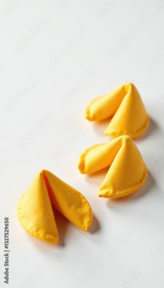 Three golden fortune cookies against a stark white backdrop , snack, lucky Three golden fortune cookies against a stark white backdrop , snack, lucky