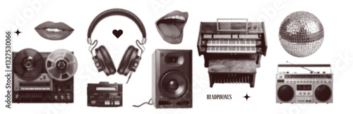 Retro disco music collage set with headphones, tape record player, speaker and in y2k grunge halftone effect style. Vintage dotted punk texture magazine. Vector