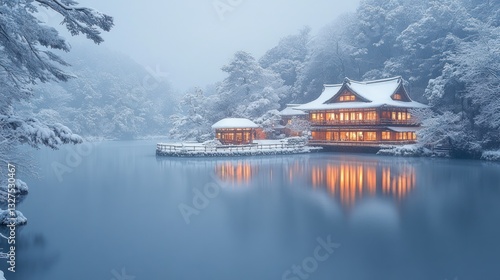 Snowy Japanese Temple Reflections on Calm Lake at Dusk