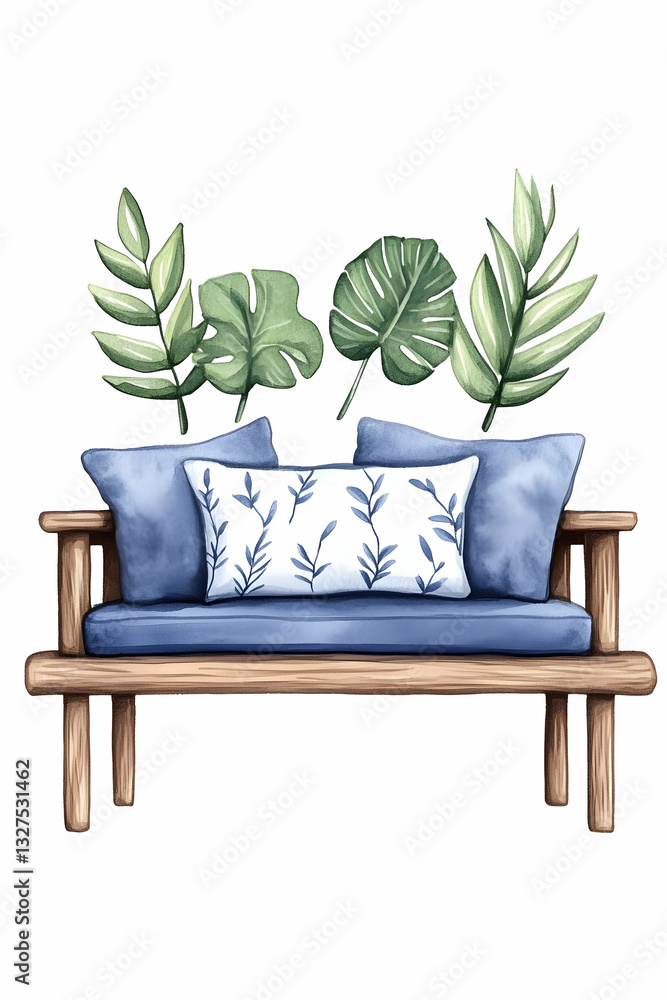 Fototapeta premium Outdoor wooden bench with tropical plants and blue cushions