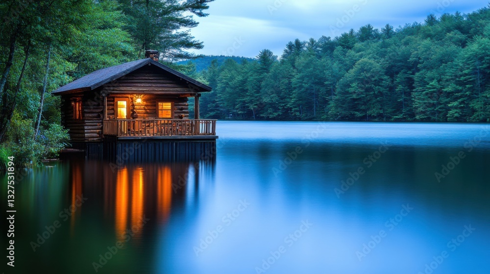 Fototapeta premium Charming Cabin by Lake at Dusk with Gentle Waves