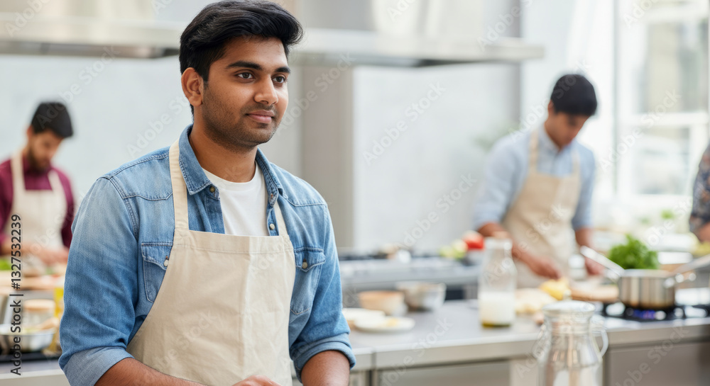 Obraz premium Young asian male chef in kitchen with cooking class participants