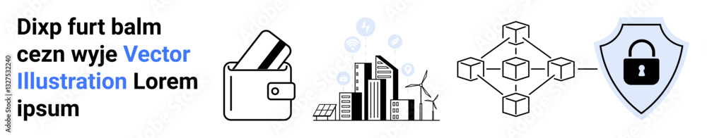 Digital wallet with cards, modern cityscape, blockchain network, and a security shield with a lock. Ideal for digital transactions, fintech, cryptocurrency, cybersecurity, urban planning technology Digital wallet with cards, modern cityscape, blockchain network, and a security shield with a lock. Ideal for digital transactions, fintech, cryptocurrency, cybersecurity, urban planning technology