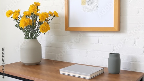 Wallpaper Mural A serene indoor scene featuring a vase of yellow flowers on a wooden table next to a book Torontodigital.ca