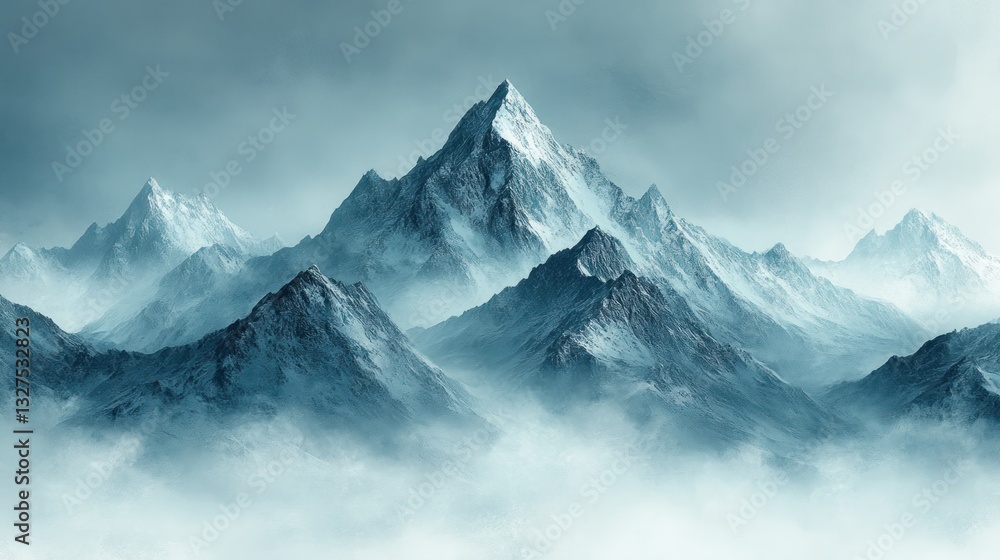 Snowy mountain peaks rise above misty valley Snowy mountain peaks rise above misty valley