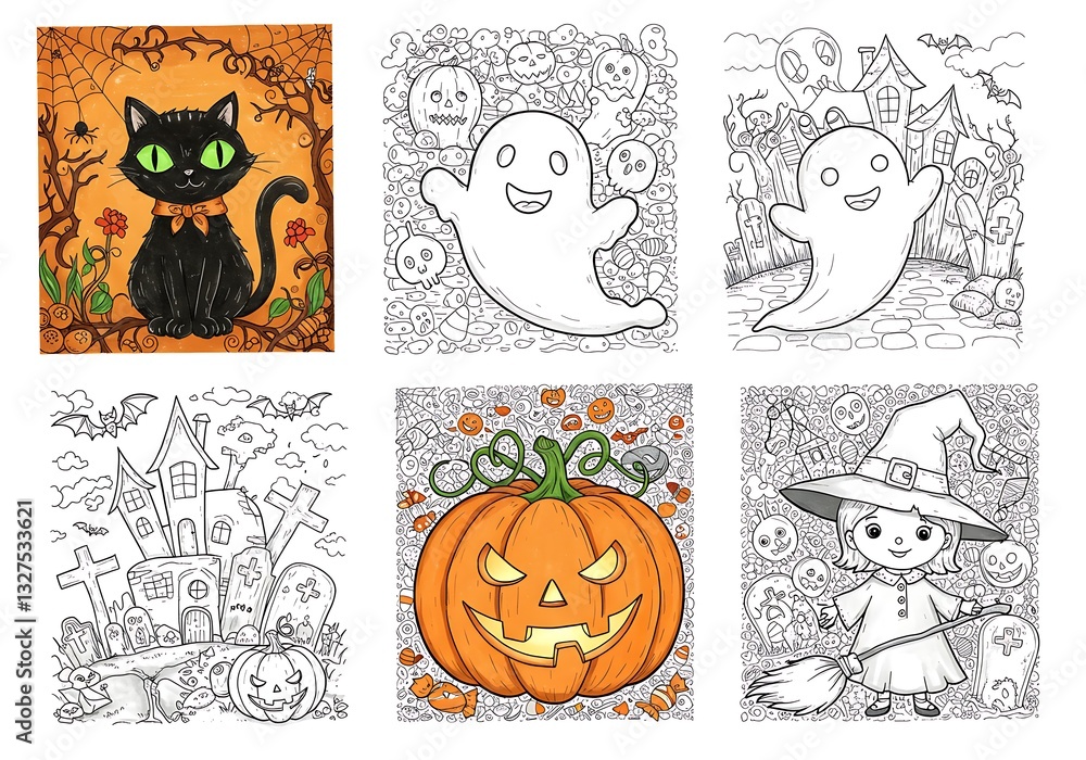 Fototapeta premium Halloween Coloring Pages Collection with Cat, Ghost, Pumpkin, and Witch