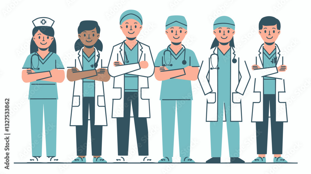 A group of six health professionals, including nurses and doctors, are smiling and standing with arms crossed, showcasing teamwork and camaraderie in healthcare. A group of six health professionals, including nurses and doctors, are smiling and standing with arms crossed, showcasing teamwork and camaraderie in healthcare.