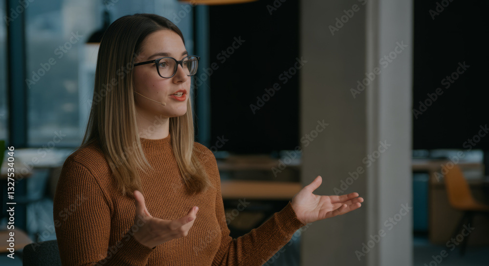 Caucasian female adult speaking in modern office setting Caucasian female adult speaking in modern office setting