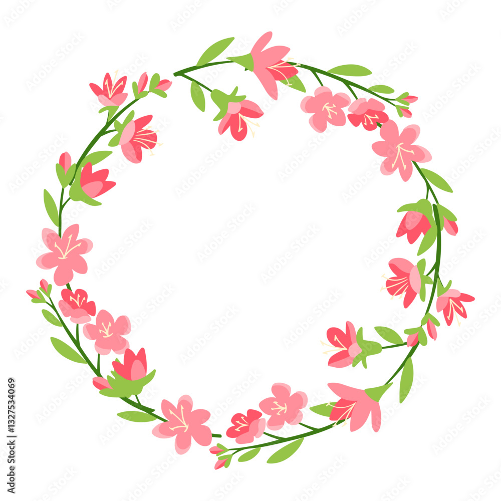 Elegant floral wreath made of pink cherry blossoms and green leaves, forming a delicate circular frame, perfect for invitations, greeting cards, and seasonal decorations Elegant floral wreath made of pink cherry blossoms and green leaves, forming a delicate circular frame, perfect for invitations, greeting cards, and seasonal decorations