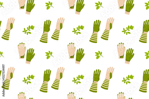 A seamless pattern featuring gardening gloves with green leaves on a white background, ideal for textiles, wrapping paper, and wallpapers.