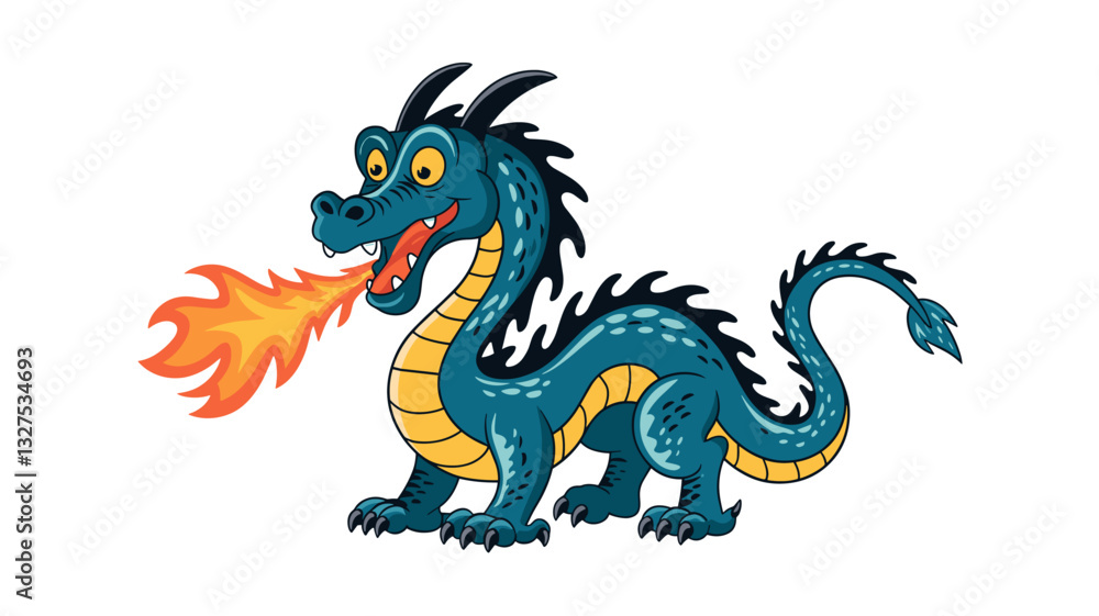Colorful and whimsical cartoon dragon character exhaling a vibrant flame. Perfect for children's books, games, or fun designs. Colorful and whimsical cartoon dragon character exhaling a vibrant flame. Perfect for children's books, games, or fun designs.