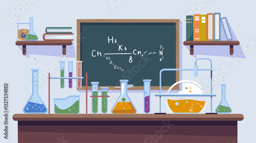 Explore a vibrant chemistry lab featuring colorful glassware, beakers filled with liquids, and a chalkboard displaying chemical formulas. Perfect for educational projects.