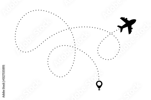 Airplane route.Travel from start point and dotted line tracing. Vector illustration on a white background. Tourism and travel