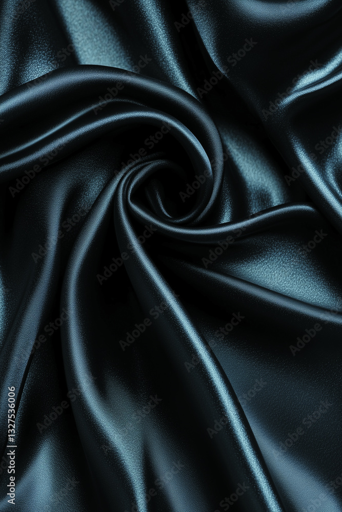 Fototapeta premium Close-up of shiny black satin fabric with swirling folds and glossy texture. Luxurious and dramatic textile ideal for fashion design, elegant mockups, dark-themed backgrounds or evening aesthetics.