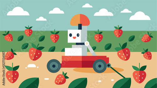 The compact and lightweight design of the robotic picker allows it to maneuver through the strawberry fields with ease minimizing damage to the plants.. Vector illustration