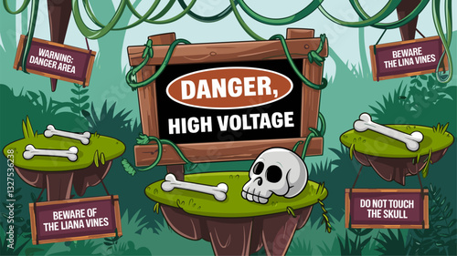 A vibrant illustration of a warning sign in a jungle, marked 'Danger, High Voltage'. Features skeletal elements and lush greenery, cautioning against touching hazardous vines and skull.