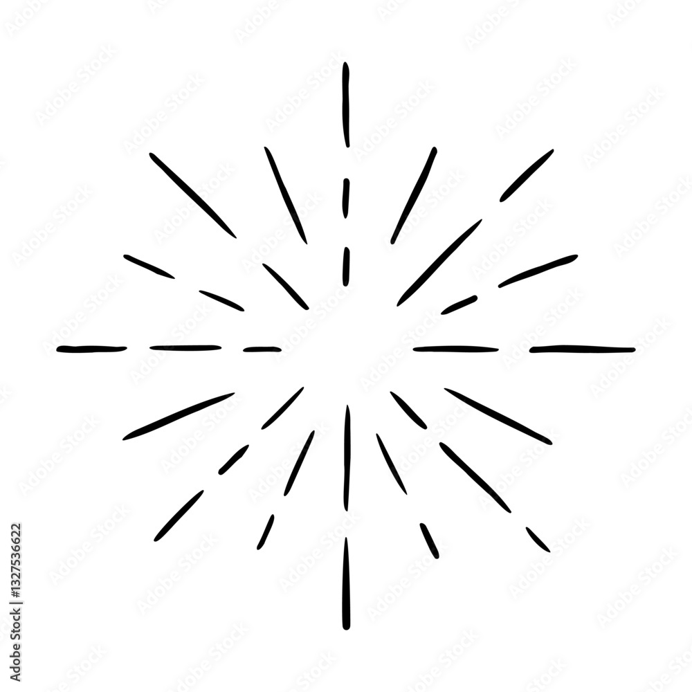 Vector hand drawn illustration of light rays, firework, sunburst. Vintage style element, round frame, isolated on white background. Vector hand drawn illustration of light rays, firework, sunburst. Vintage style element, round frame, isolated on white background.