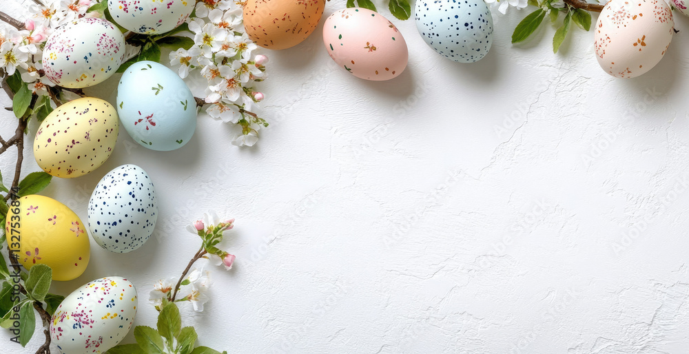 Obraz premium Easter banner with colorful eggs and flowering branches on a white background. Copy space. Top view. Flat Lay. Mock up