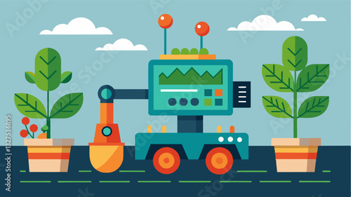 This stateoftheart transplanting machine is equipped with advanced software that can detect and avoid obstacles ensuring a smooth and uninterrupted planting process.. Vector illustration