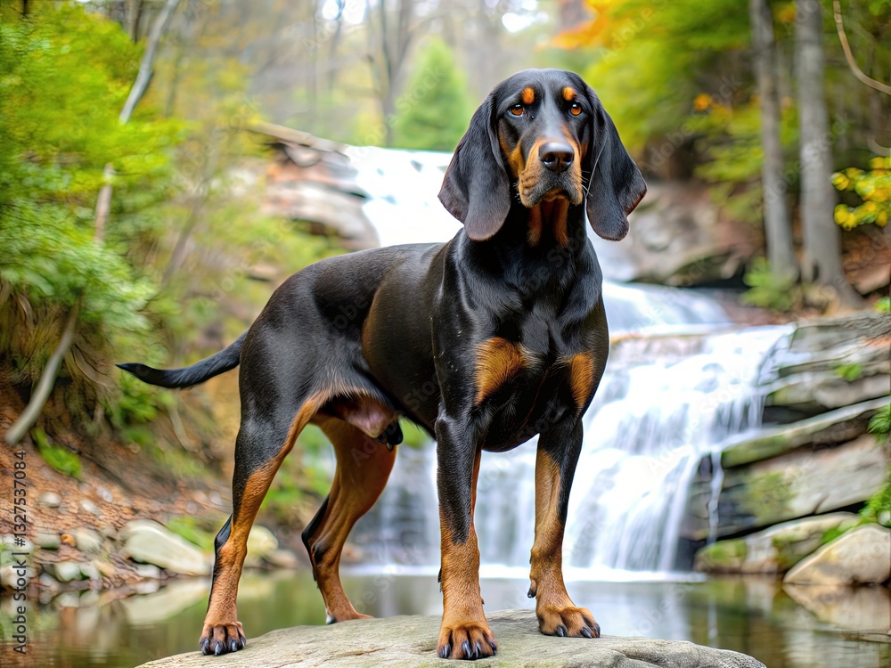 Dog Stands Proudly by a Waterfall in a Forest Setting Generative AI Dog Stands Proudly by a Waterfall in a Forest Setting Generative AI