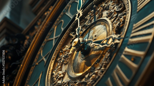 Close-up view of an ornate clock face with intricate details and classic design, Ornate antique clock face on old building exterior.