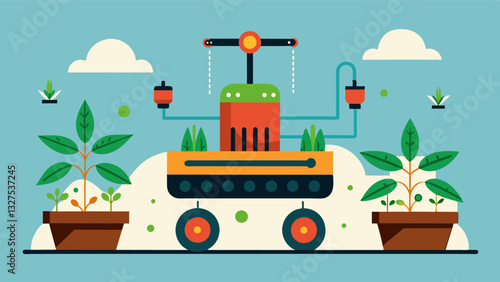 This innovative transplanting machine employs AI technology to analyze soil conditions and determine the optimal depth and spacing for each seedling.. Vector illustration