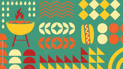 A vibrant BBQ themed  background with geometric elements, grill, sausages, and decorative shapes. Perfect for summer designs, food related projects, and retro inspired backgrounds.