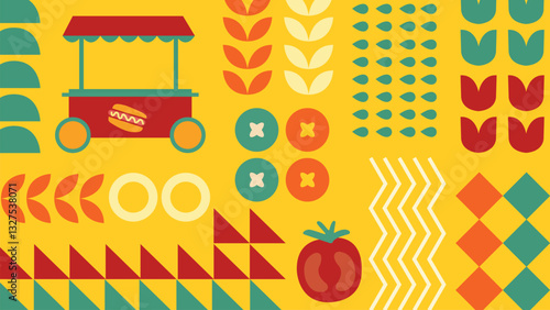 Vintage vegetable abstract geometric background. Mosaic Scandinavian background. Food and hawker background, Food vector print. Retro background with food concept.