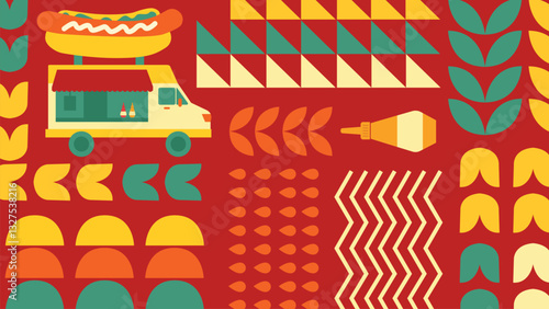 A fun food truck inspired  background with a hot dog stand, condiments, abstract shapes, and geometric decorations. Great for fast food branding, playful backgrounds, and street food themes.