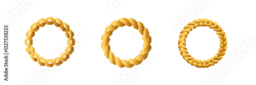 Three golden doughnut shapes appear with distinct textures, showcasing unique designs in a row.
