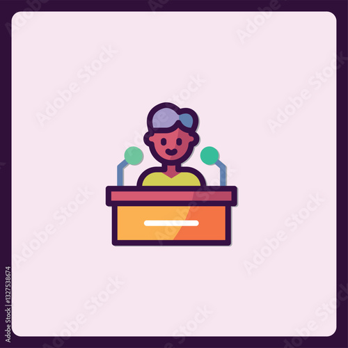 Lecturer at Podium Speaking Into Microphones, Modern Icon Illustration