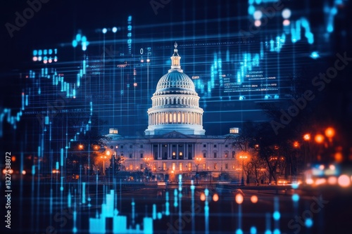 Night view of the Capitol building with financial graphs and data overlays in modern cityscape