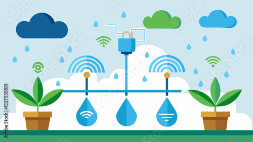 The integration of IoT sensors in irrigation systems allows for precise and targeted water application minimizing water waste and increasing wateruse efficiency.. Vector illustration