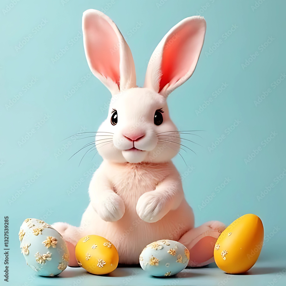 Fototapeta premium Playful Whispers: A Curious Bunny Amongst Colorful Easter Treasures