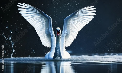 Majestic swan spreading its wings while splashing water in a serene lake at twilight