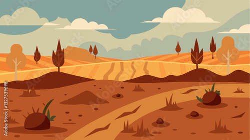 The patchy brown landscape is a grim reminder of the failed harvest in this region with little hope of recovery for farmers who have lost their livelihoods.. Vector illustration