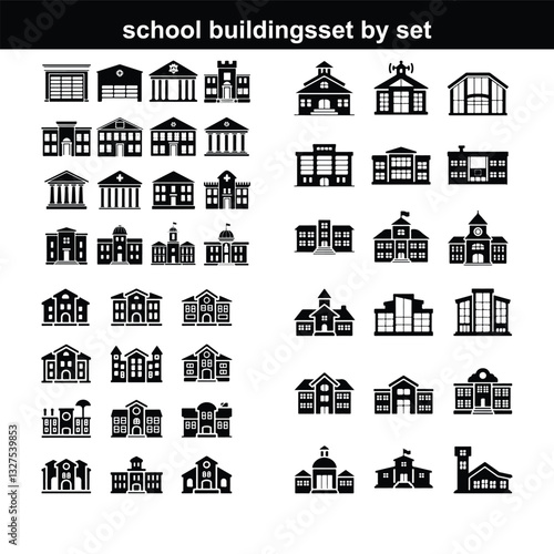 school building silhouette set, educational building silhouette vector Vector icons school building Silhouette of scholl building isolated on white background. Architecture college or university symbo