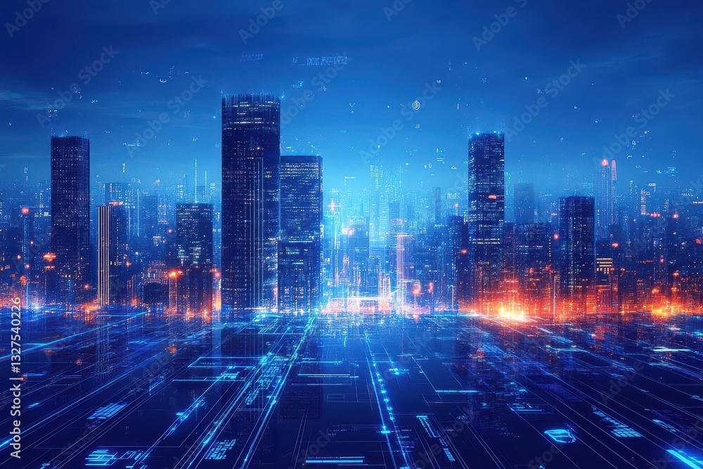 Obraz premium Futuristic digital cityscape showcasing technology and advanced communication