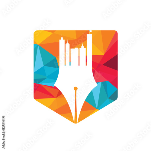 Creative concept with pen and city skyline logo design. Commercial buildings construction symbol.