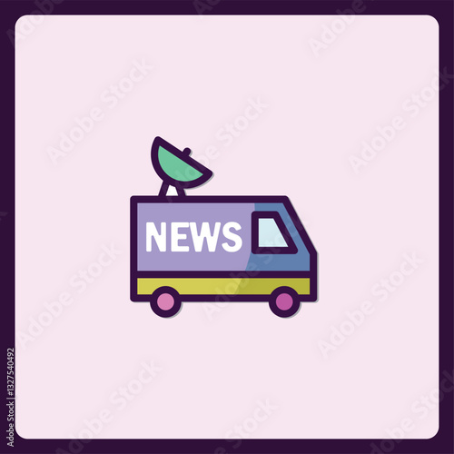 Whimsical news van broadcasting vector icon for media communication