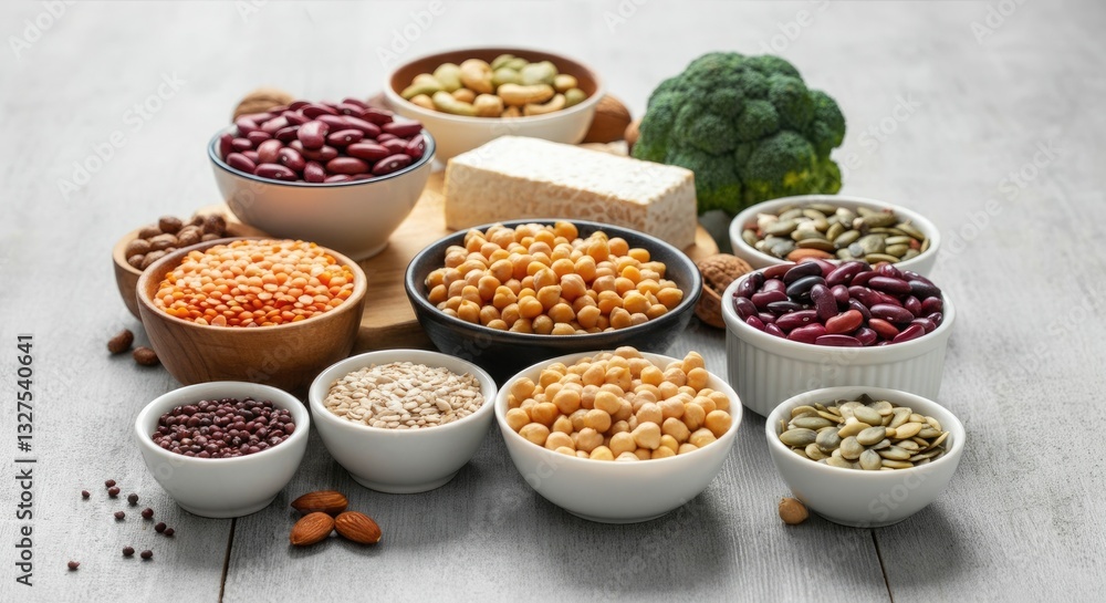 Various legumes, seeds, and vegetables arranged in bowls on wooden surface Various legumes, seeds, and vegetables arranged in bowls on wooden surface