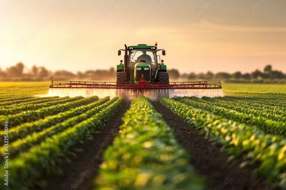 Green Tractor Spraying Crops at Sunset in a Fertile Agricultural Field Landscape Green Tractor Spraying Crops at Sunset in a Fertile Agricultural Field Landscape
