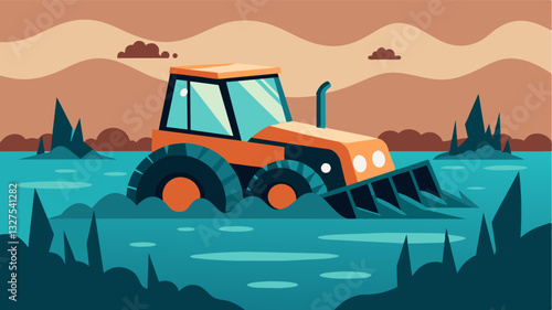 The occasional glimpse of a submerged tractor or plow is a haunting reminder of the hard work and optimism that once filled these fields.. Vector illustration